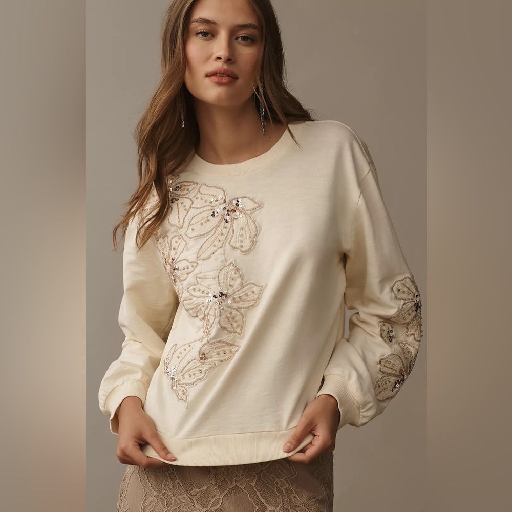 Anthropologie Pilcro Beaded Embroidered Sweatshirt